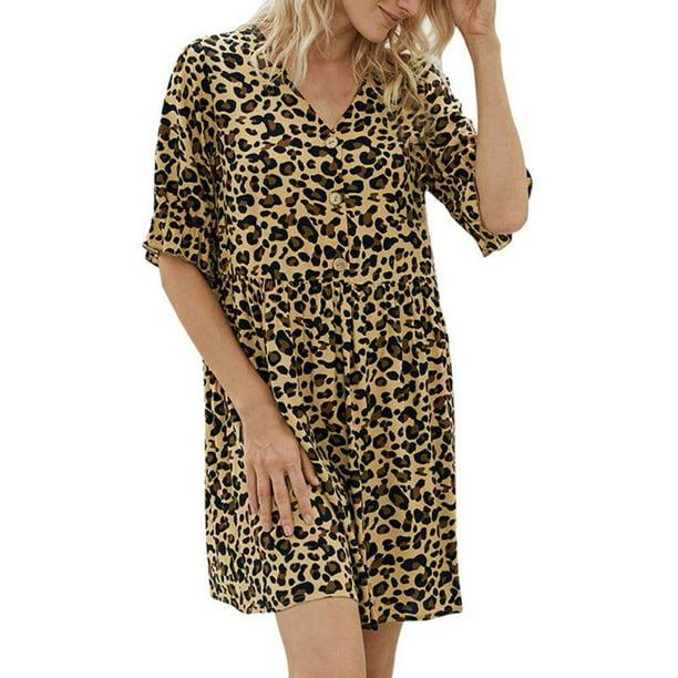 Summer Womens Leopard Print Jumpsuits Loose V-Neck Casual Short Sleeve Playsuits